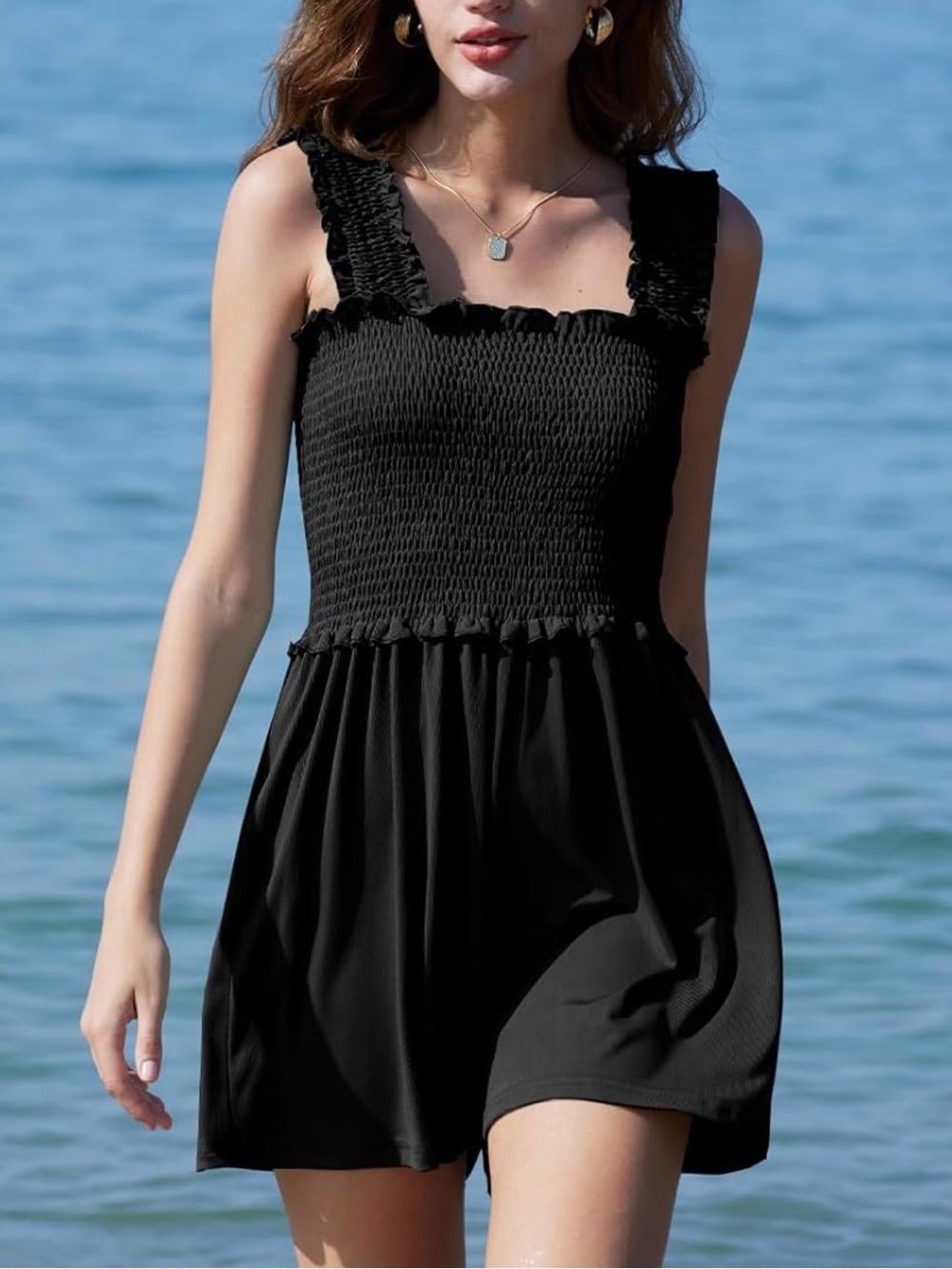 Black Smocked Tank Romper Jumpsuit with Pockets